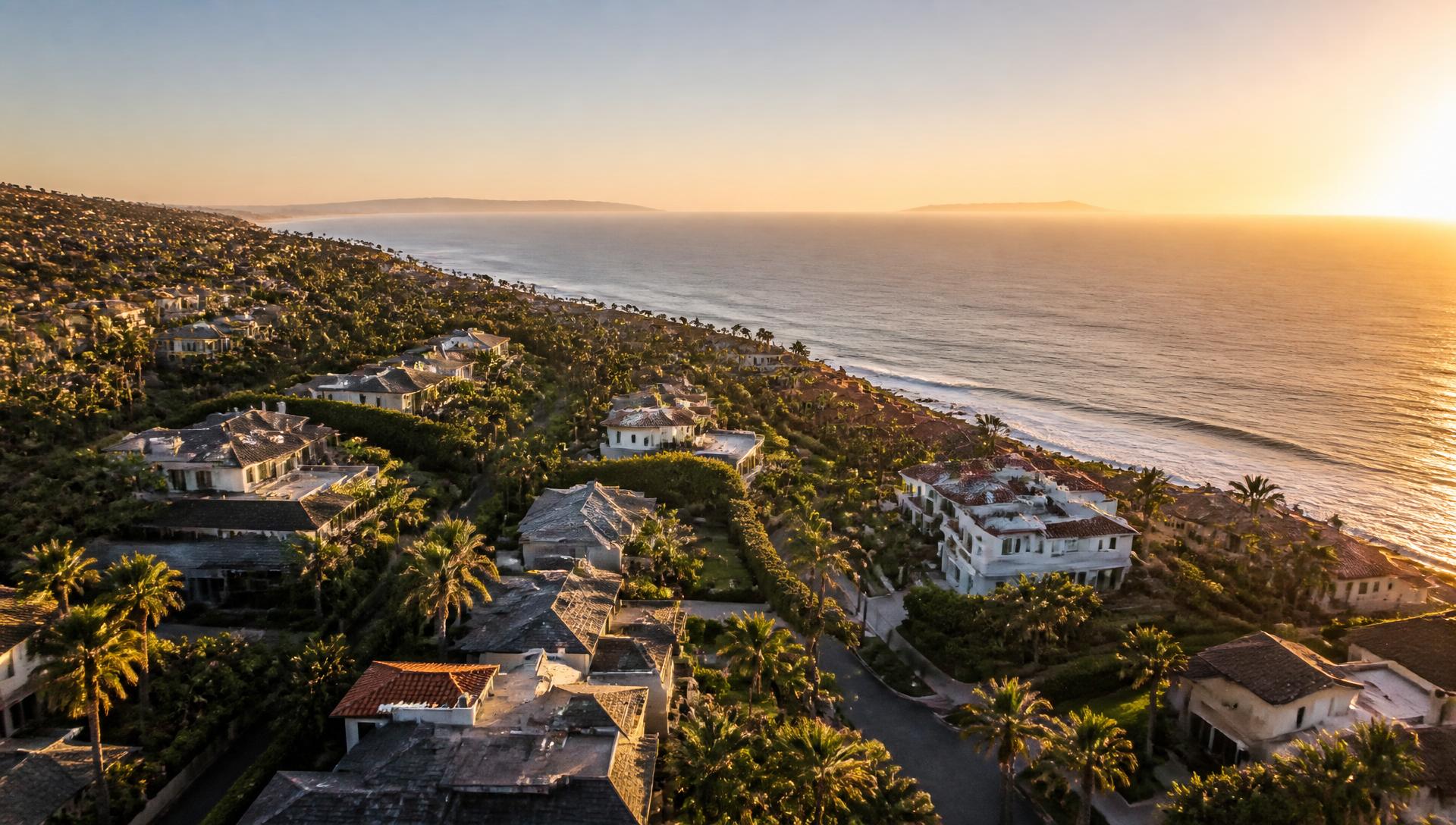 Aerial view of Orange County coastline and luxury neighborhoods at golden hour